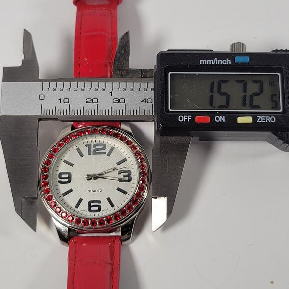 Red Crystal Bezel Quartz Watch with Leather Strap, Analog Display, 40mm Case - Picture 7 of 16